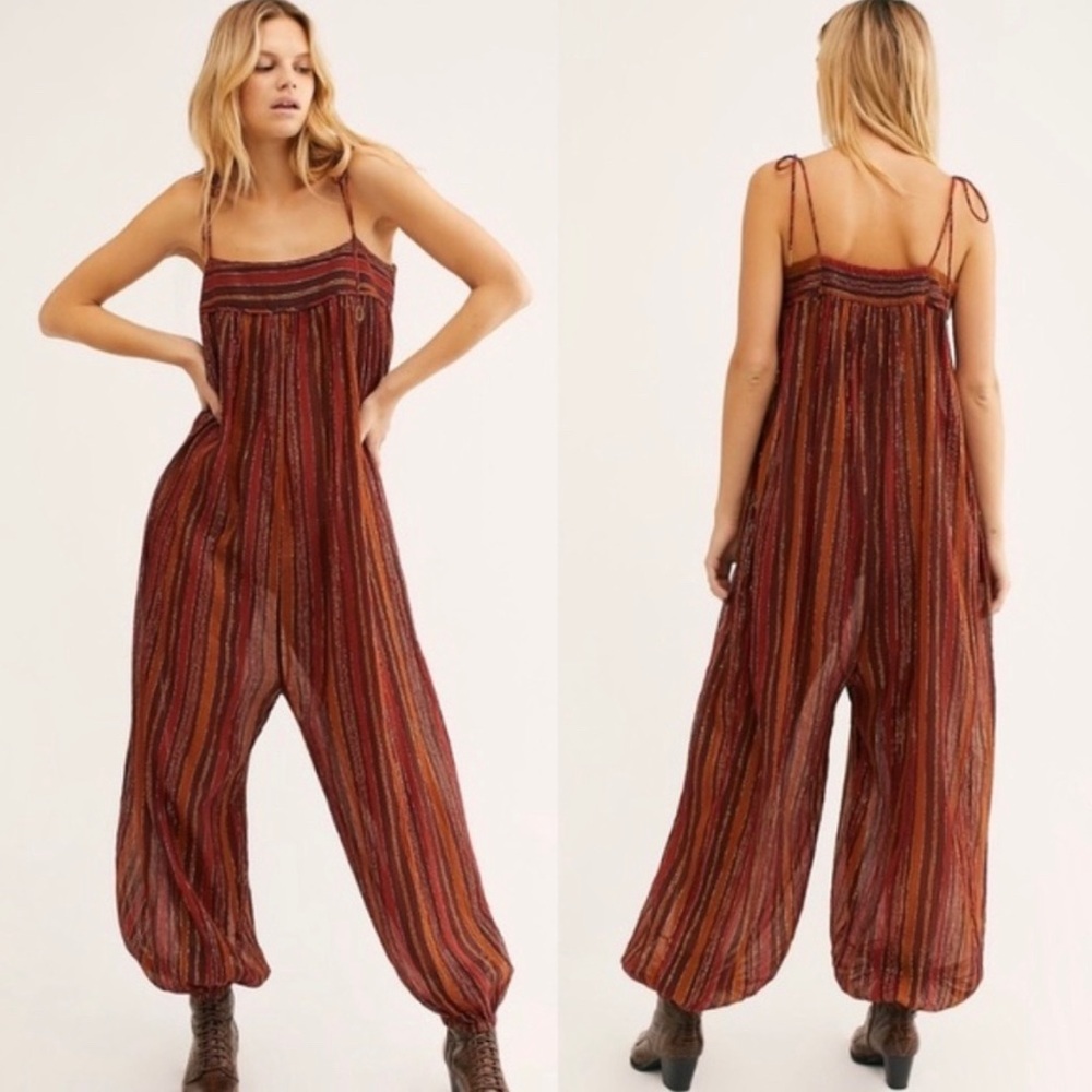 free people harem lurex jumpsuit striped gold thread